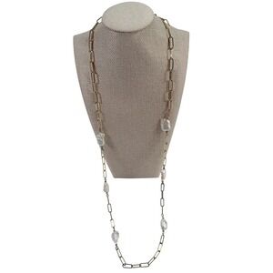 Aqua Bloomingdales Necklace Long Paperclip Link Pearl Baroque Gold NWOT